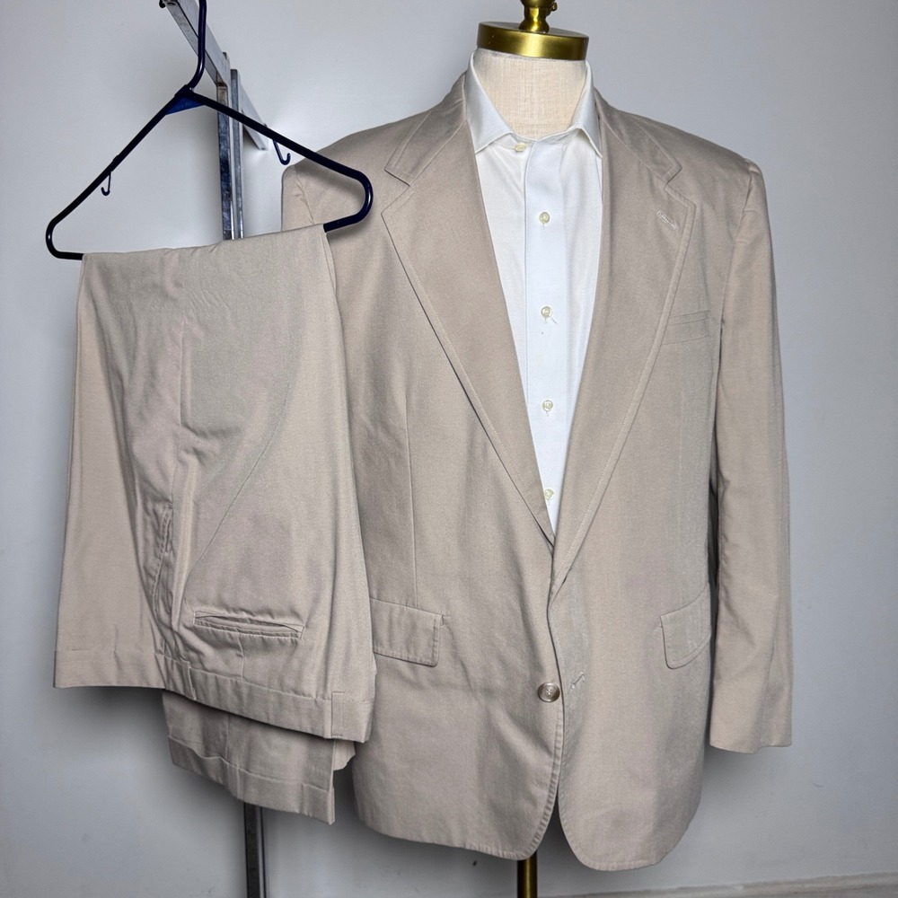 Gant Suit Mens 42R 38W Khaki Beige Solid Vintage 2 Button Notch Lapel USA Made